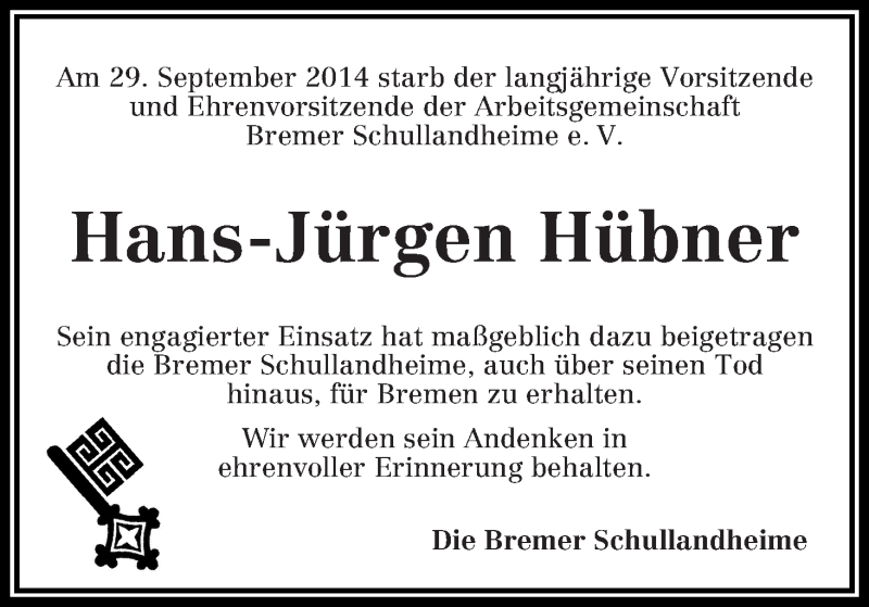 Traueranzeige von Hans-Jürgen Hübner von WESER-KURIER