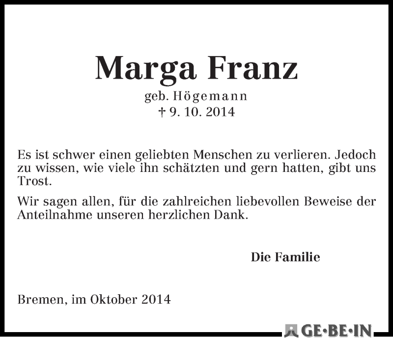 Traueranzeige von Marga Franz von WESER-KURIER