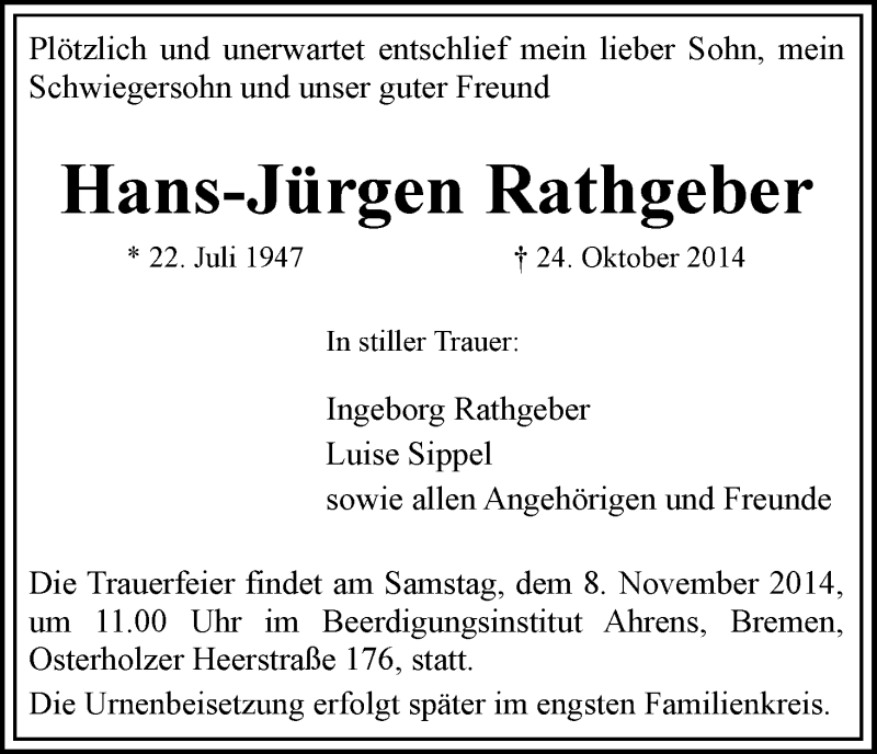 Traueranzeige von Hans-Jürgen Rathgeber von WESER-KURIER