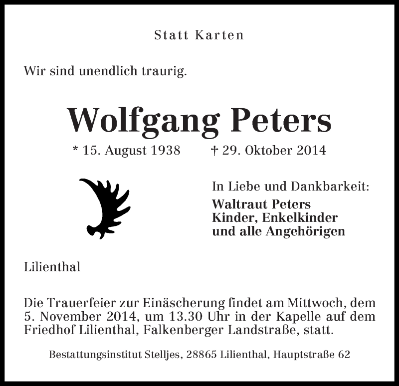  Traueranzeige für Wolfgang Peters vom 31.10.2014 aus Wuemme Zeitung
