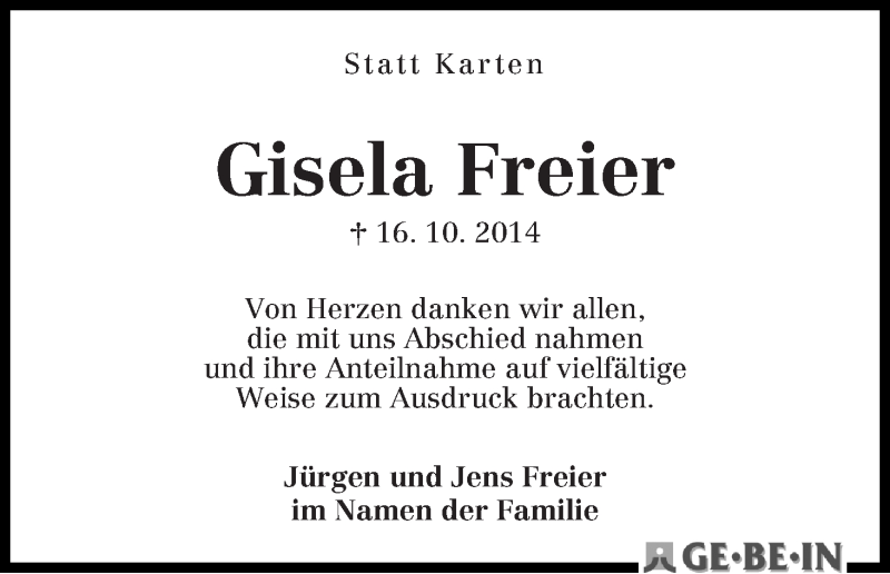Traueranzeige von Gisela Freier von WESER-KURIER