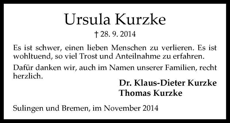 Traueranzeige für Ursula Kurzke vom 01.11.2014 aus WESER-KURIER