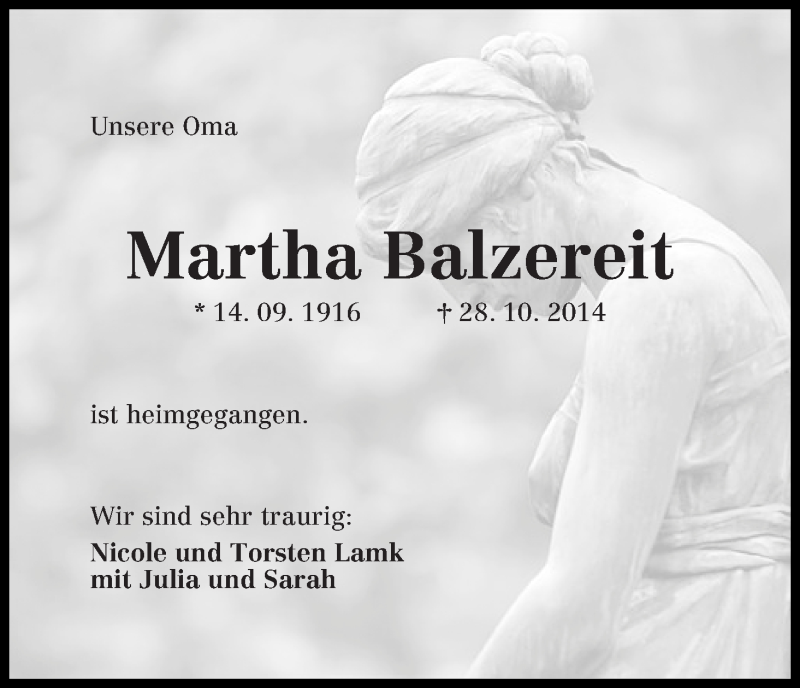 Traueranzeige von Martha Balzereit von Die Norddeutsche