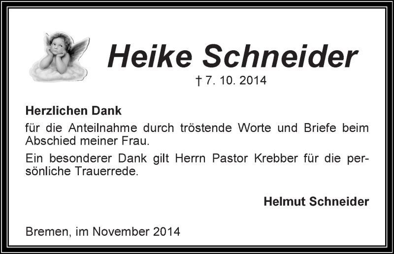  Traueranzeige für Heike Schneider vom 01.11.2014 aus Die Norddeutsche