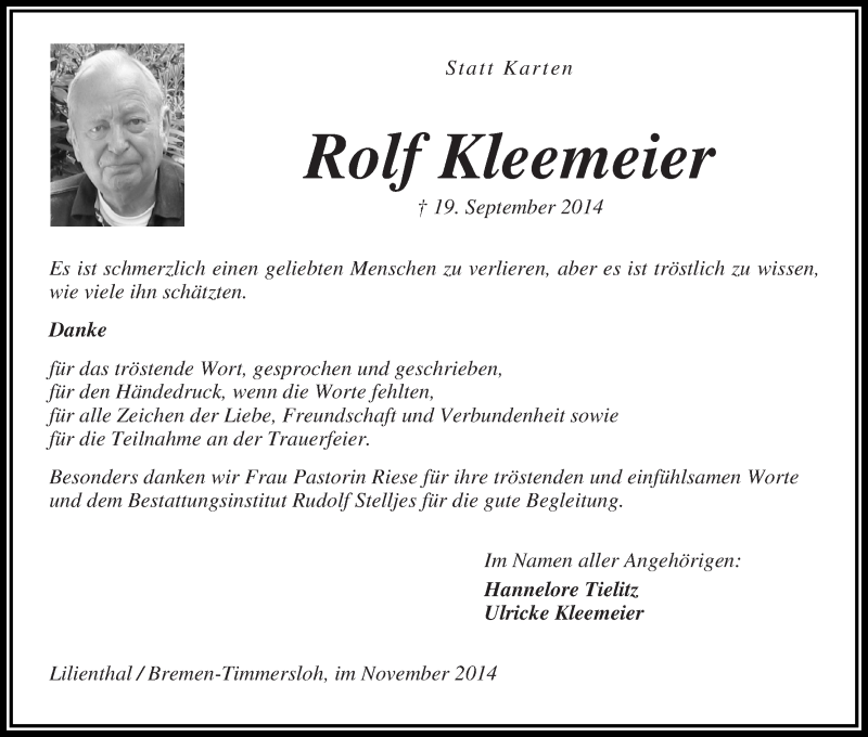  Traueranzeige für Rolf Kleemeier vom 01.11.2014 aus Wuemme Zeitung