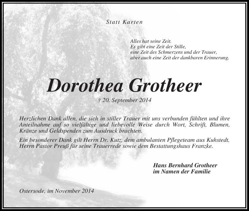 Traueranzeige von Dorothea Grotheer von Osterholzer Kreisblatt