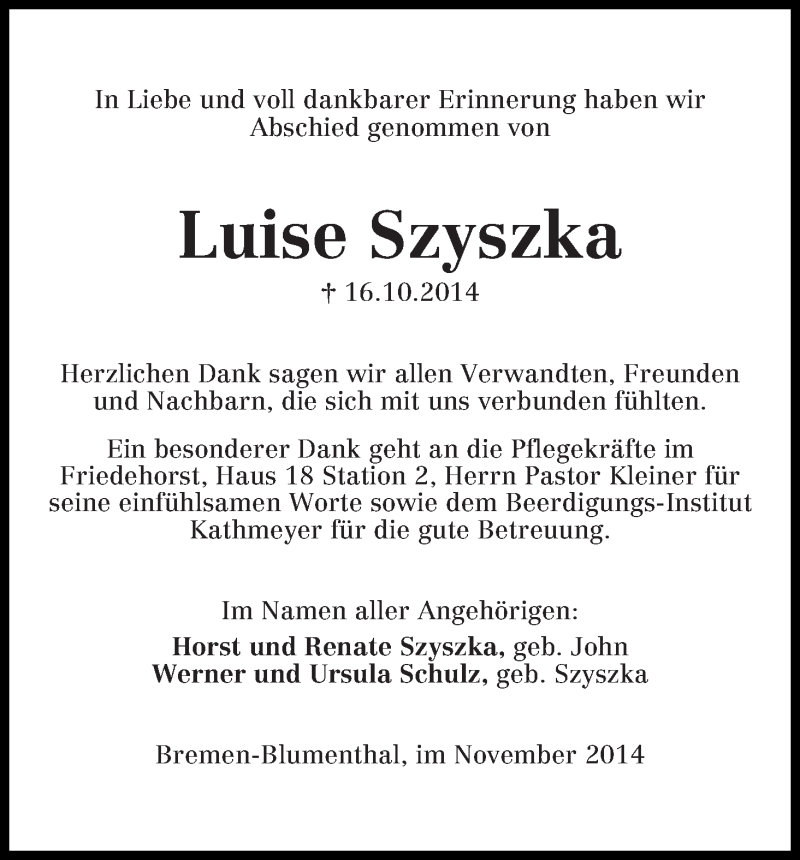 Traueranzeige von Luise Szyszka von Die Norddeutsche