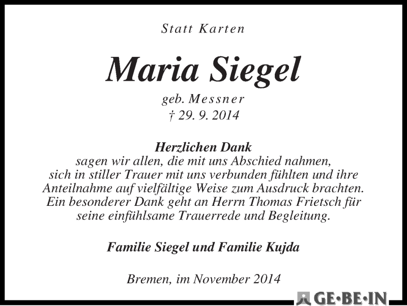 Traueranzeige von Maria Siegel von WESER-KURIER