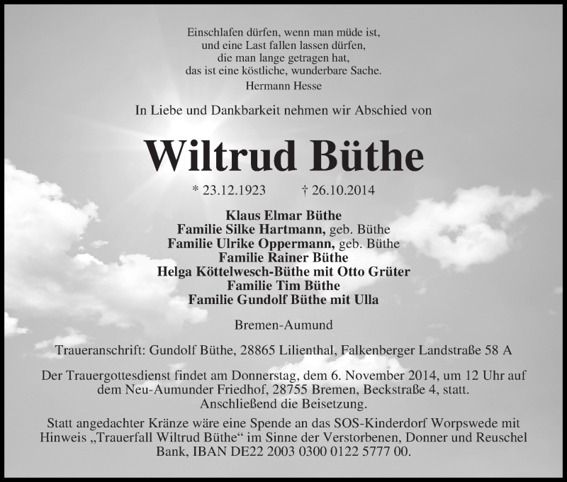 Traueranzeige von Wiltrud Büthe von Die Norddeutsche