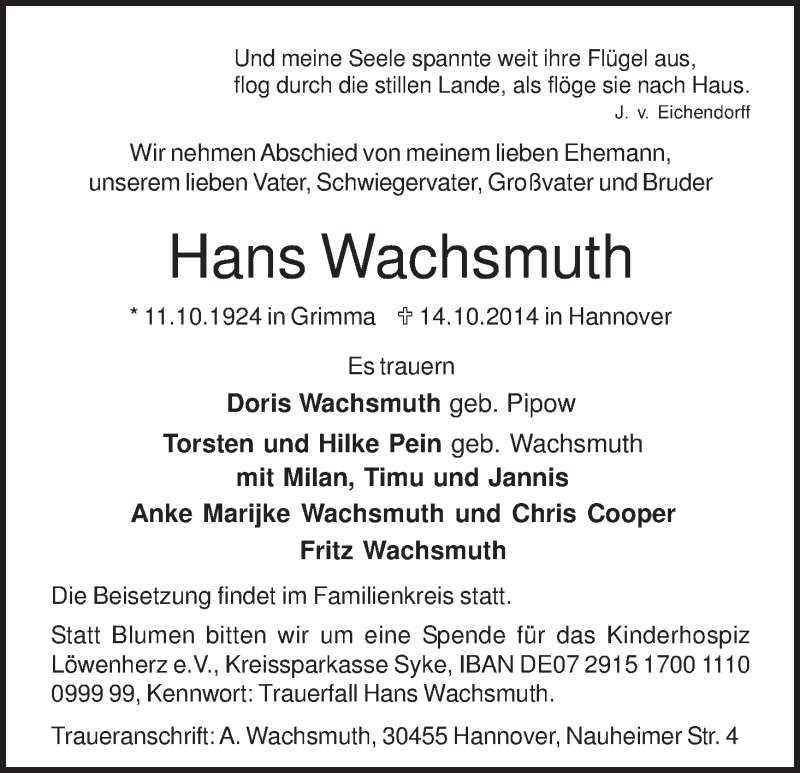 Traueranzeige von Hans Wachsmuth von Osterholzer Kreisblatt
