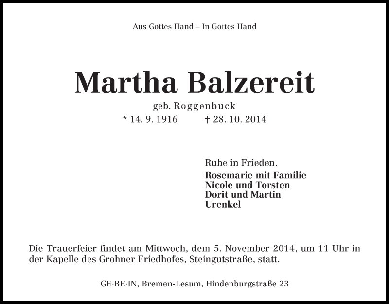 Traueranzeige von Martha Balzereit von Die Norddeutsche