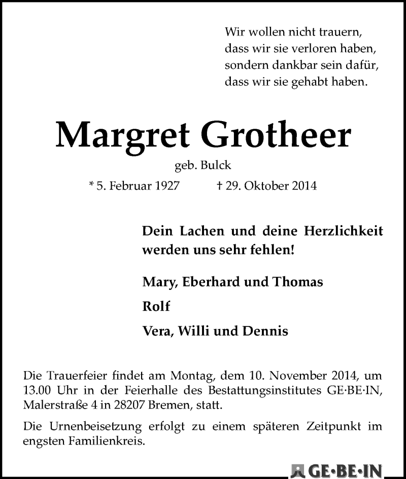  Traueranzeige für Margret Grotheer vom 01.11.2014 aus WESER-KURIER
