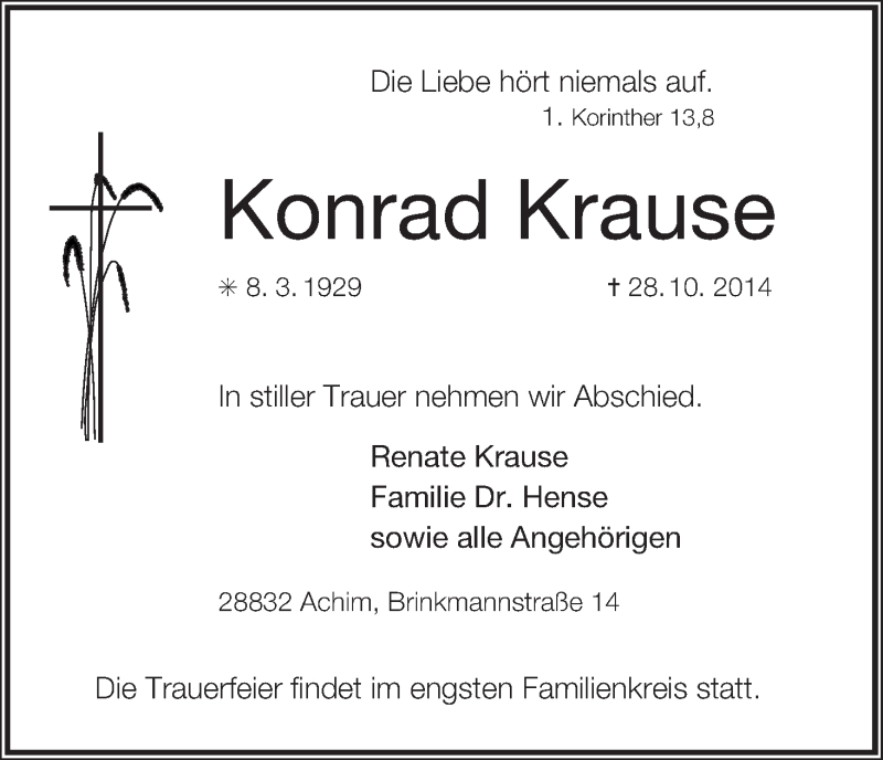 Traueranzeige von Konrad Krause von Achimer Kurier/Verdener Nachrichten