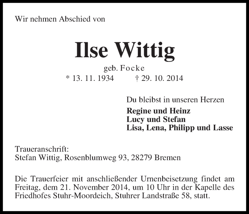 Traueranzeige von Ilse Wittig von WESER-KURIER