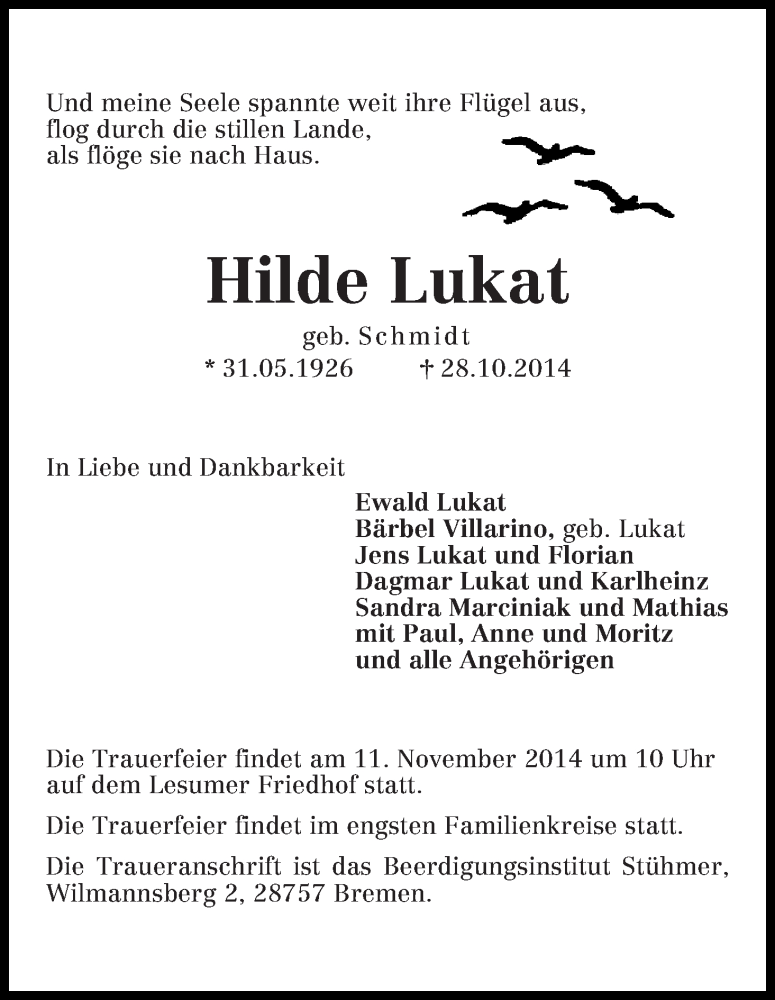  Traueranzeige für Hilde Lukat vom 04.11.2014 aus Die Norddeutsche