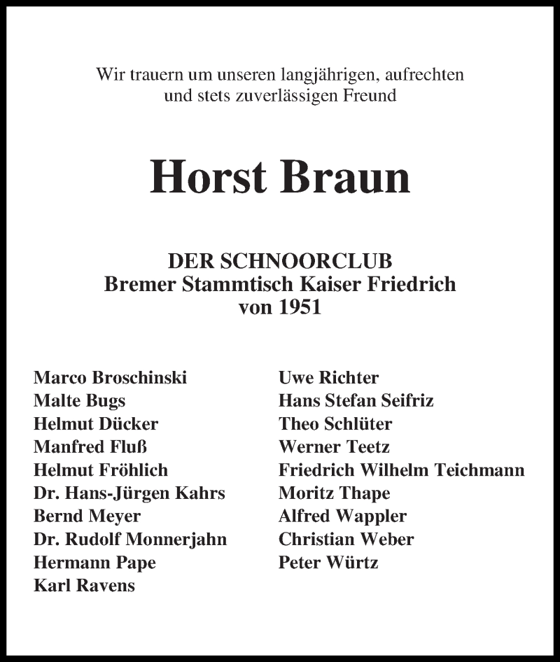 Traueranzeige von Horst Braun von WESER-KURIER