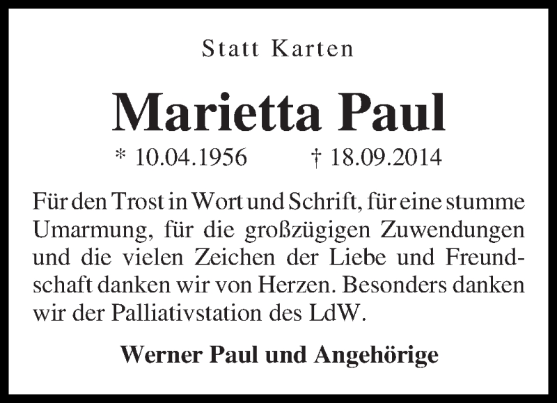 Traueranzeige von Marietta Paul von WESER-KURIER
