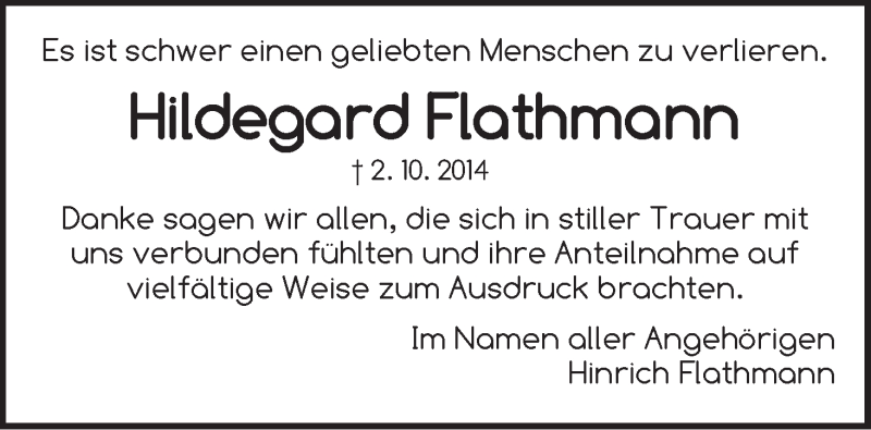 Traueranzeige von Hildegard Flathmann von WESER-KURIER