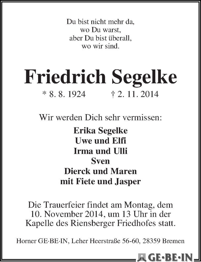  Traueranzeige für Friedrich Segelke vom 05.11.2014 aus WESER-KURIER