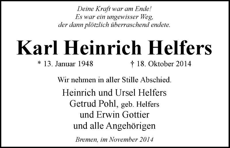 Traueranzeige von Karl Heinrich Helfers von WESER-KURIER