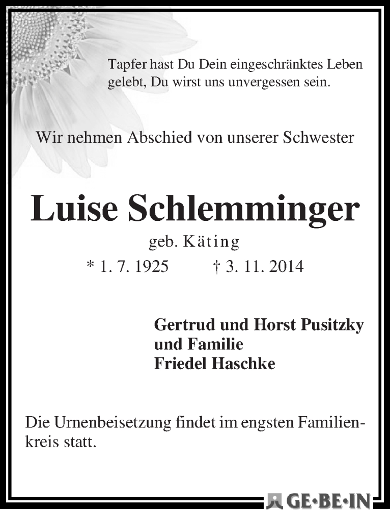 Traueranzeige von Luise Schlemminger von WESER-KURIER