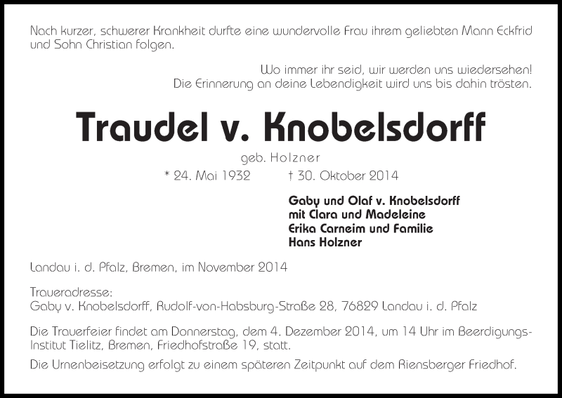 Traueranzeige von Traudel von Knobelsdorff von WESER-KURIER