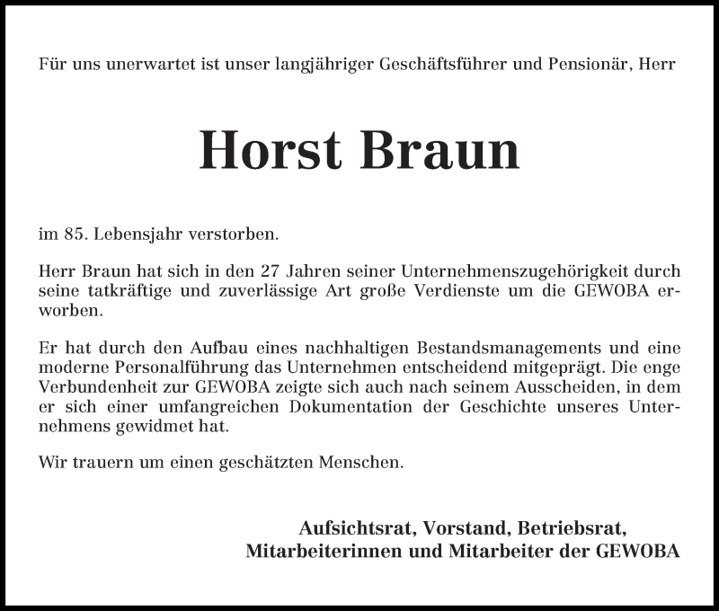 Traueranzeige von Horst Braun von WESER-KURIER