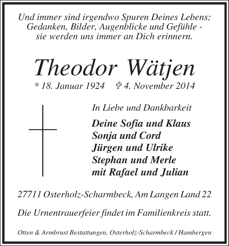 Traueranzeige von Theodor Wätjen von Osterholzer Kreisblatt