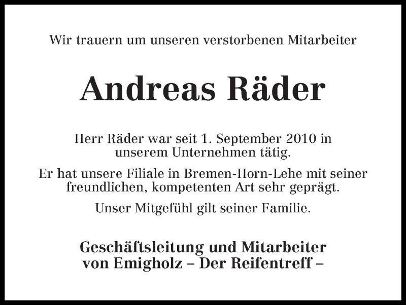 Traueranzeige von Andreas Räder von WESER-KURIER