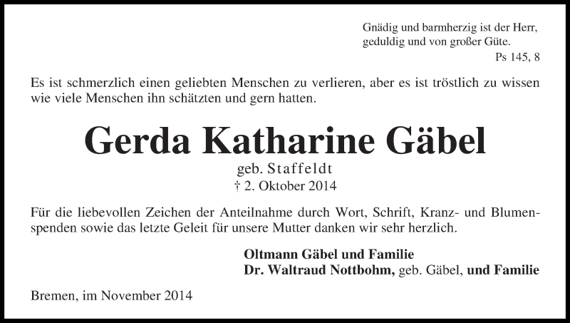 Traueranzeige von Gerda Katharine Gäbel von WESER-KURIER