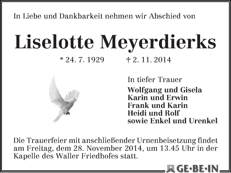 Traueranzeige von Liselotte Meyerdierks von WESER-KURIER
