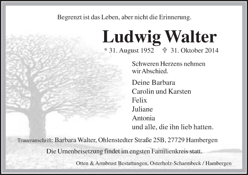 Traueranzeige von Ludwig Walter von Osterholzer Kreisblatt