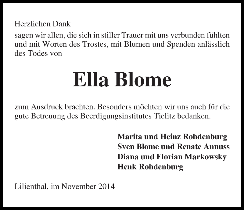 Traueranzeige von Ella Blome von Wuemme Zeitung