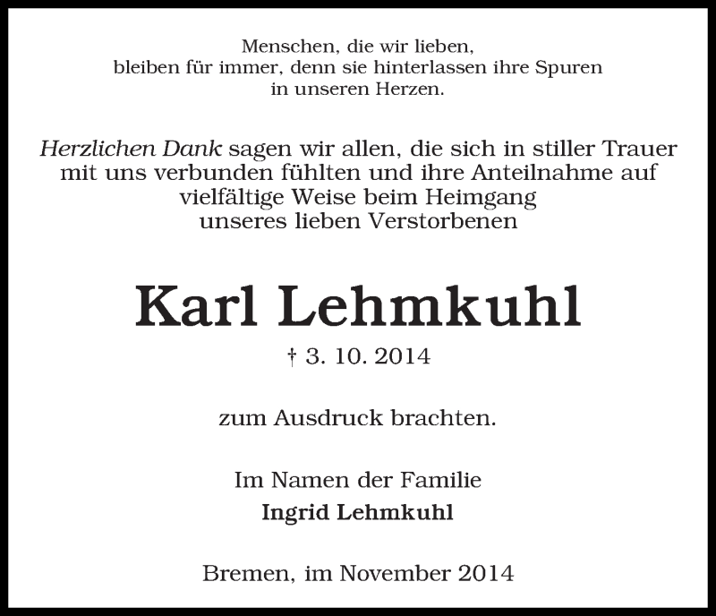 Traueranzeige von Karl Lehmkuhl von WESER-KURIER