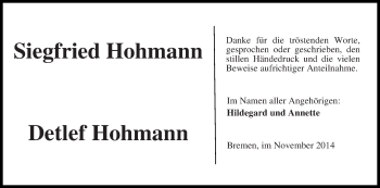 Traueranzeige von Siegfried und Detlef Hohmann