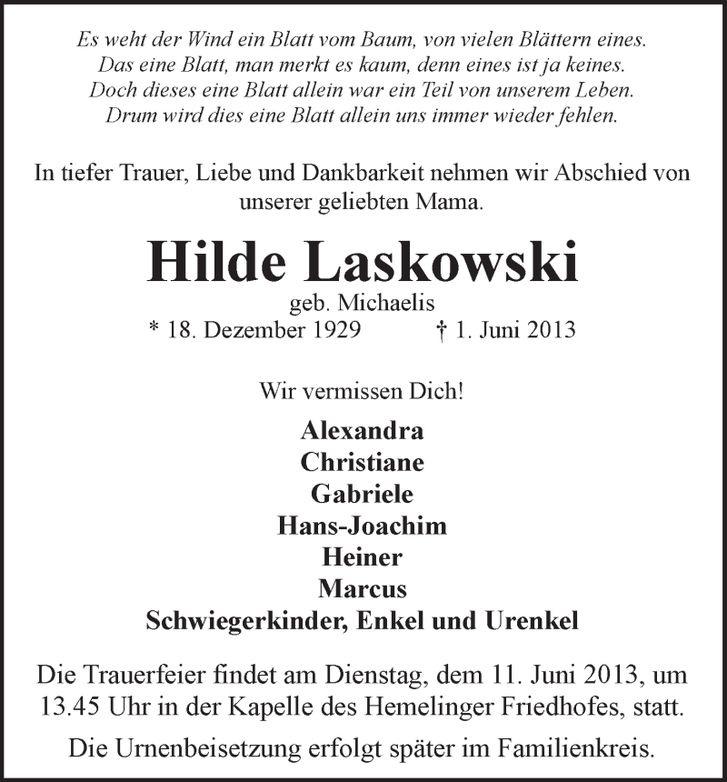  Traueranzeige für Hilde Laskowski vom 05.06.2013 aus WESER-KURIER
