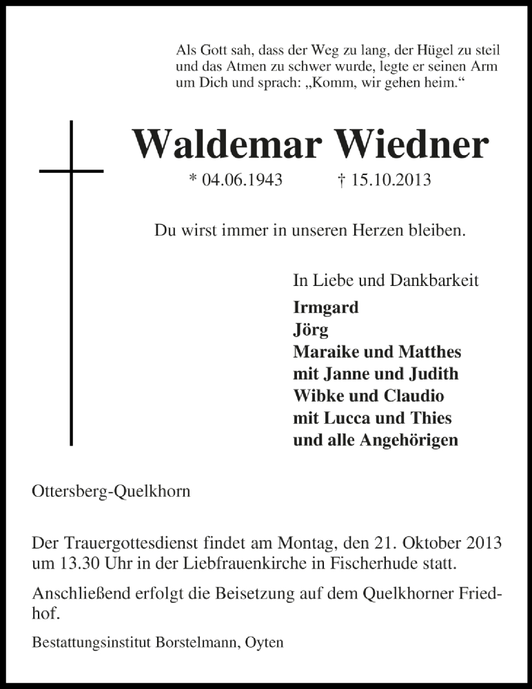  Traueranzeige für Waldemar Wiedner vom 18.10.2013 aus WESER-KURIER